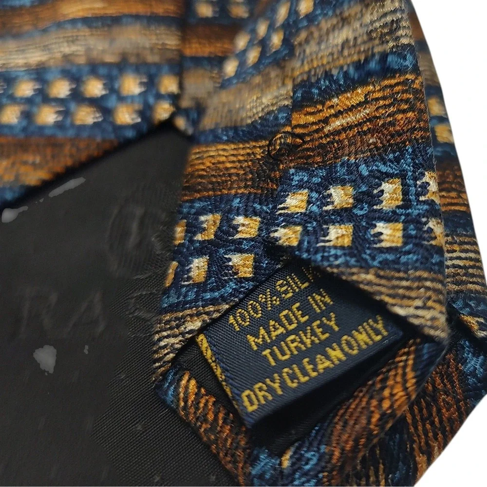 Rasel‎ Silk Tie Brown Blue Gold Geometric Pattern Mens Necktie Made In Turkey
